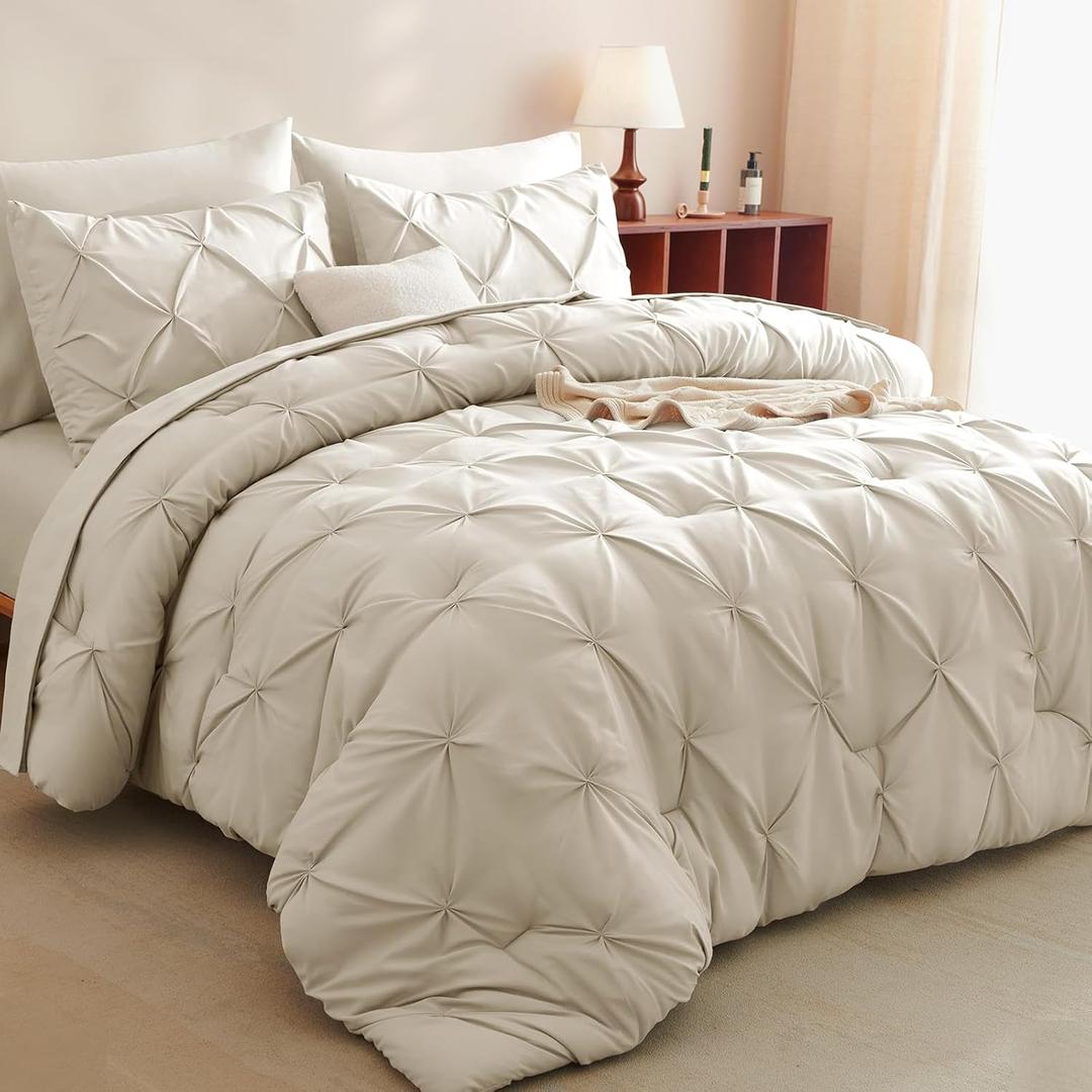 CozyLux Full Size Comforter Sets Oatmeal, 7 Pieces Pintuck Bed in A Bag Oatmeal Comforter Full Size, Pinch Pleat Bedding Sets with All Season Comforter, Sheets, Pillowcases & Shams
