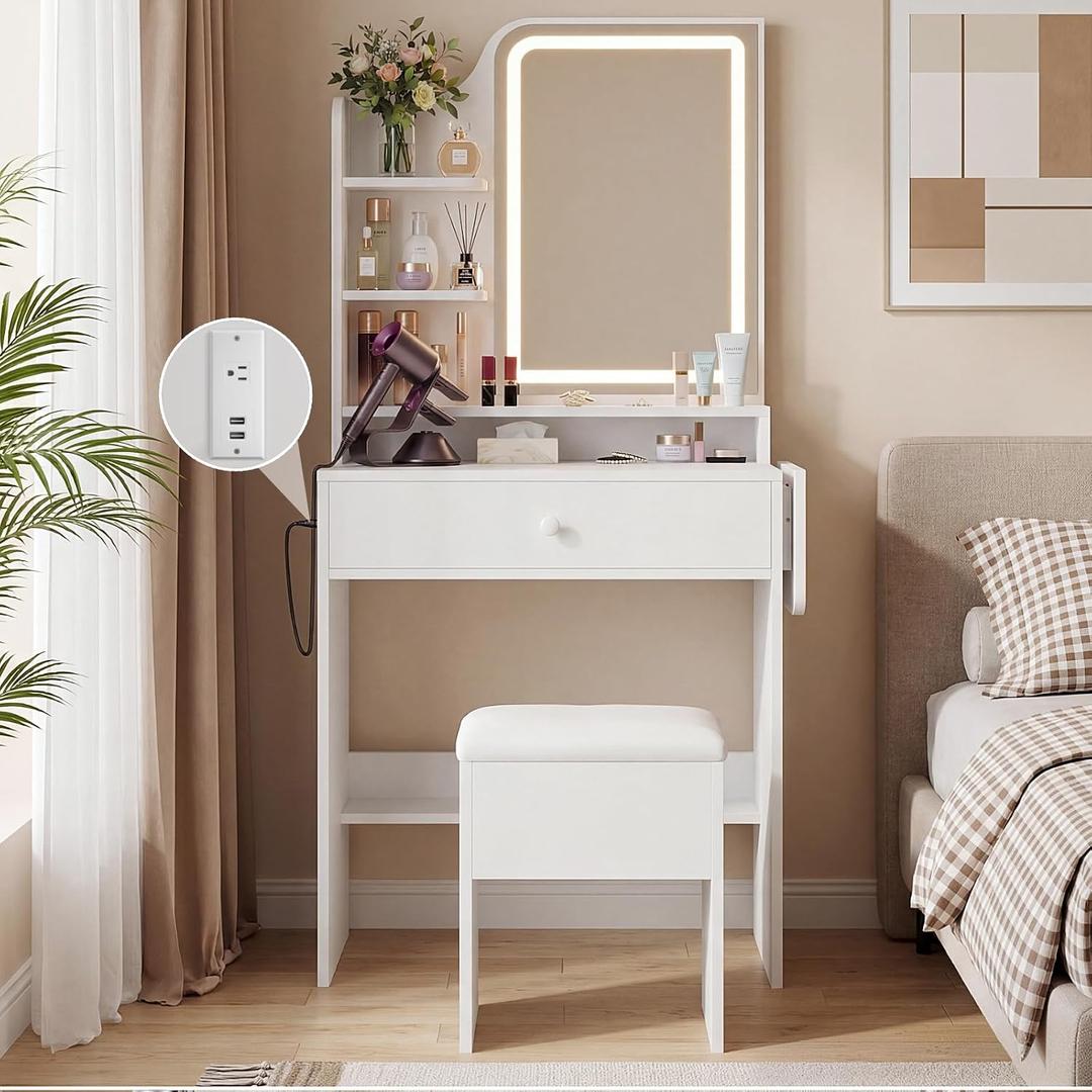 Haewon Small Makeup Vanity Set with Lighted Mirror and Chair, White | Built-In Charging Station, 3 Color Light Modes, Storage Drawer and Shelves, Foldable Top for Bedroom, Compact Space
