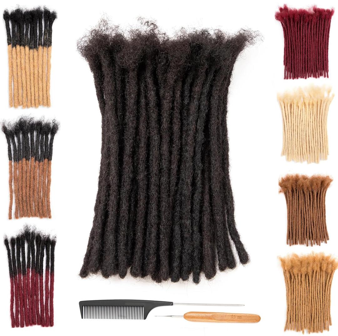 DAIXI 0.6cm Thickness 6-18 Inch 100% Real Human Hair Dreadlock Extensions for Man/Women Full Head Handmade 0.24Inch Thinner Can Be Dyed and Bleached Soft Dreadlocks with Needle and Comb, 30 Strands