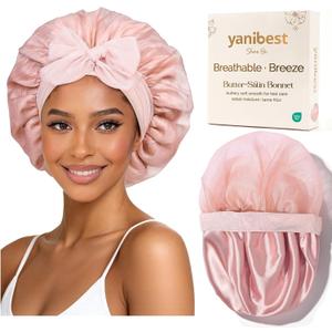 YANIBEST Breathable Soft Silk Bonnet for Sleeping, Breeze Satin Bonnet with Tie Band Hair Wrap Less Frizz Natural Curly Hair (Pink)