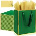 Addblu 28 Pack Bulk Luxury Gift Bags with Handles, Medium Size 9x7x3.15 Inches - Includes 28 Tissue Papers for Wedding, Birthday, Baby Shower, Easter, Mother's Day & Party Favors (Green with Gold Foil Trim)
