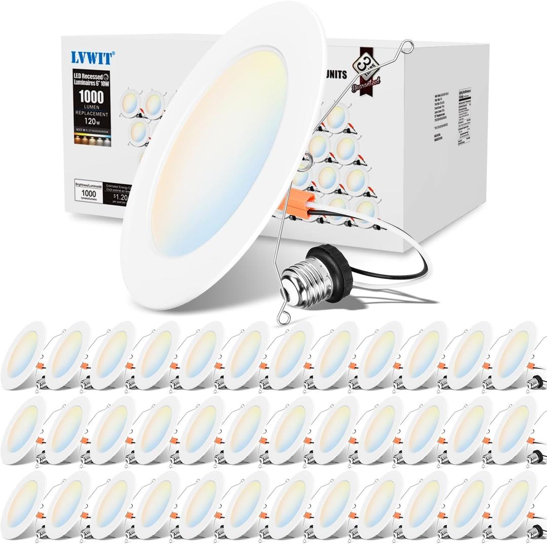 LVWIT 6 inch LED Recessed Lighting, Slim Can Lights with White Cover, 5CCT Color Selectable, Dimmable Downlight with E26 Conversion Kit, 36 Pack (6in-36pack)