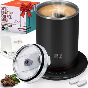 Self Stirring Coffee Mug - Dual Function Temperature Control Mug for Stirring & Heating- Smart Heated Mug for Coffee with Airtight Lid, Extra Stirring Pill & Charger- Electric Coffee Cup in a Gift Box (Black)