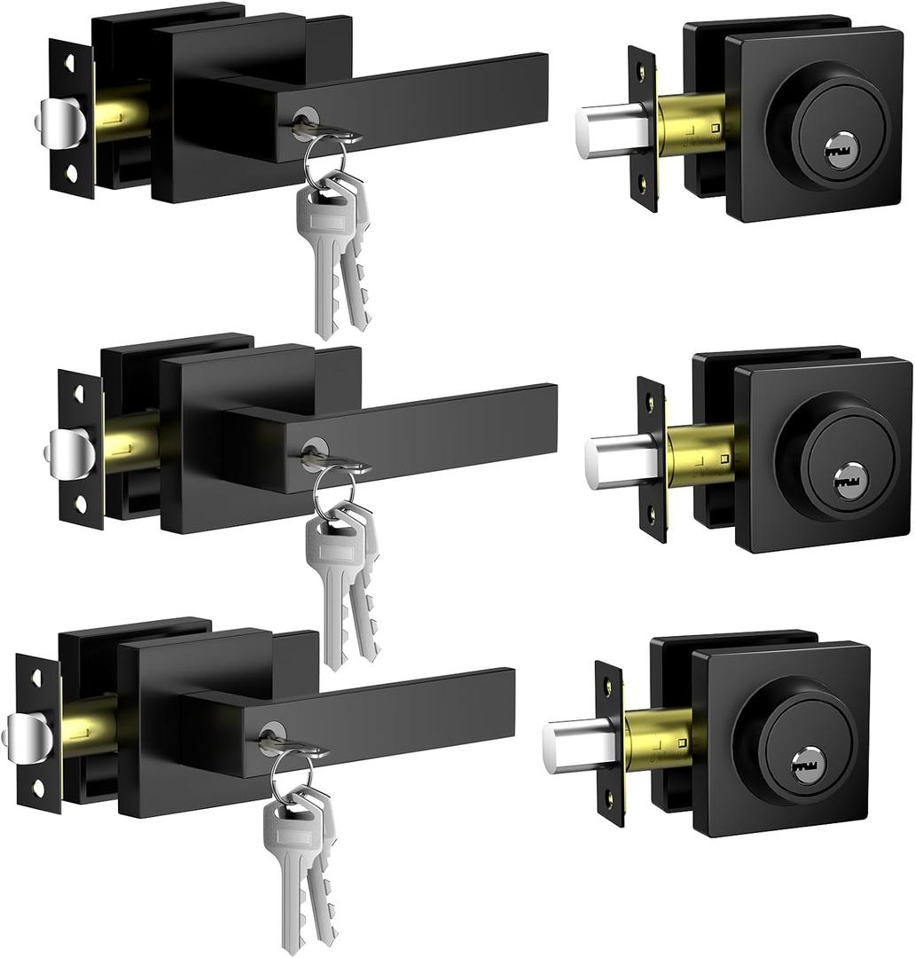 Keyed Alike Exterior Door Lock Set 3 Pack(Same Keys), Exterior Door Handle with Single Cylinder Deadbolt, Front Door Lock Set, Entry Door Lock Set, Zinc Alloy Outdoor Door Handles, Matte Black