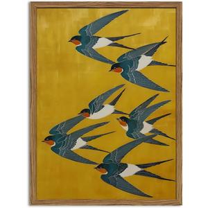 Vintage Japanese Bird Wall Art, Japan Swallow Wall Decor Painting Cottage Animal Poster Canvas Prints Picture for Bedroom Living Room Farmhouse 16x24 inch Wood Framed