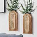 Dnnnii 2 Pack Wooden Wall Vase Set - Brown Finish Hollow Rattan Modern Farmhouse & Boho Wall Decor for Entryway, Hallway, Bathroom, Living Room, Dining Room, Narrow Spaces