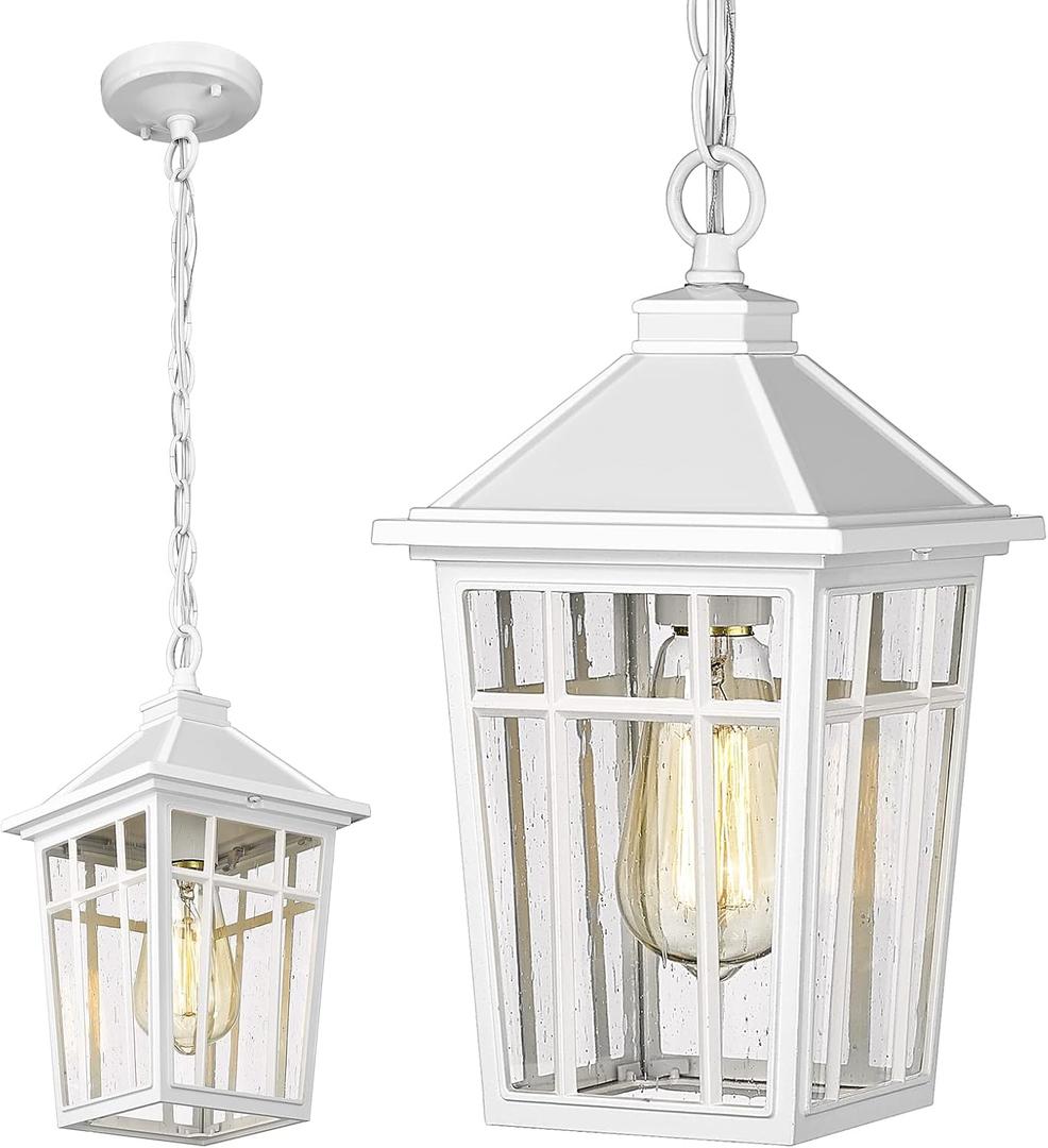 Darkaway Outdoor Pendant Light Fixture, Outdoor Hanging Light Porch Lights Fixtures Anti-Rust Waterproof Aluminum with Seeded Glass for Porch Entryway Doorway Farmhouse White