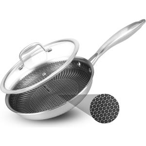 NutriChef 8" Stainless Steel Frying Pan with Lid -Triply Kitchenware Stir Fry Pan Kitchen Cookware w/DAKIN Etching Nonstick Coating, Scratch-resistant Raised-up Honeycomb Fire Textured Pattern -NC3PL8