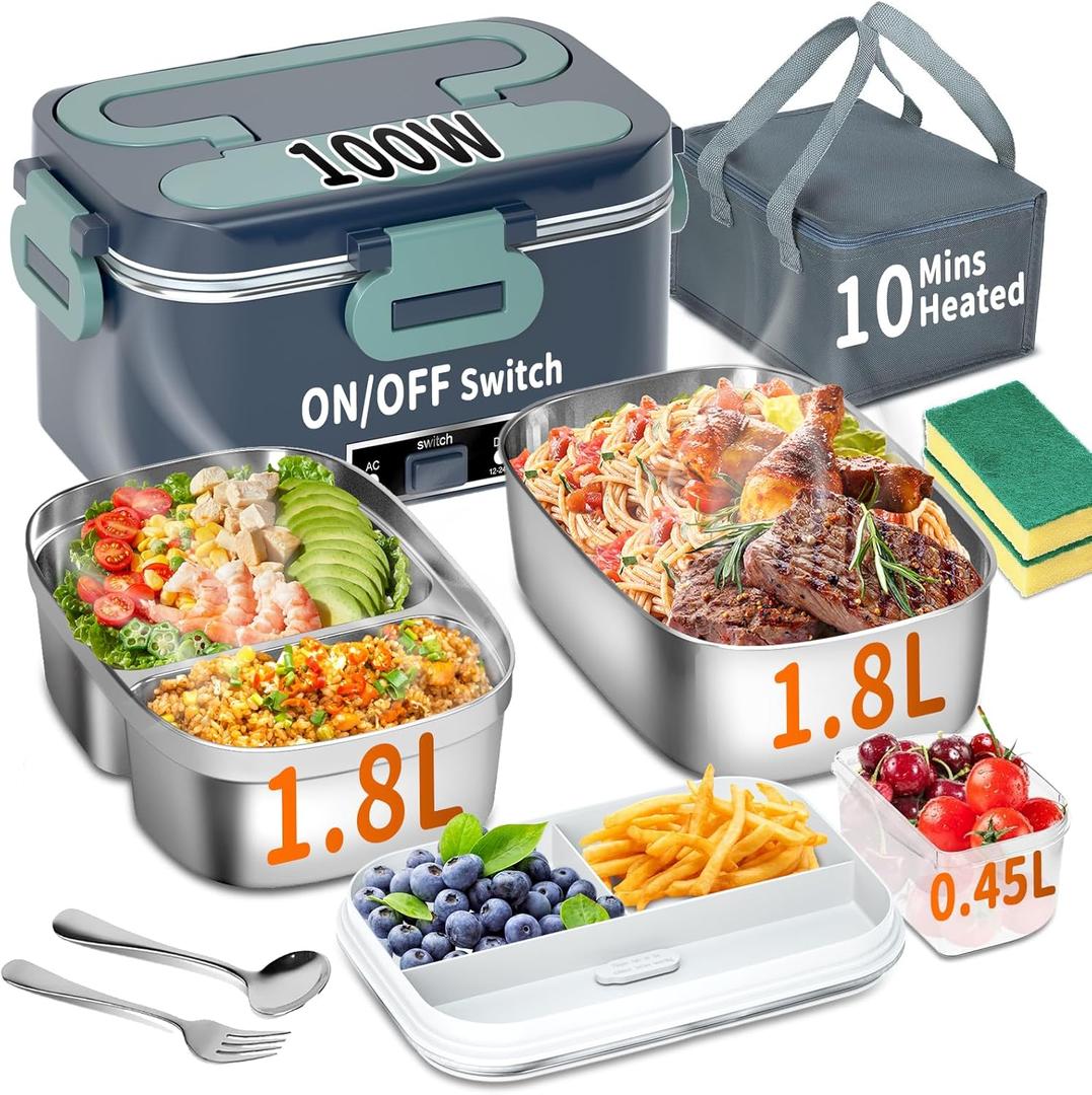 Electric Heated Lunch Box for Adults, 100W 3-IN-1 2 Pack 1.8L Containers Heating Lunch Box for Men Portable Double Layer, Fast Heated Food Warmer,12V/24V/110V for Car Truck Office Home (Blue)