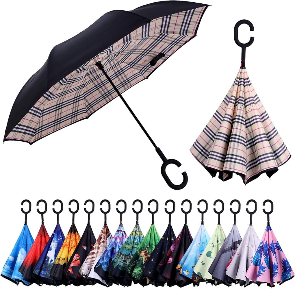 Inverted Umbrella, 49 Inch Double-Layer Vented Reverse Umbrella, Windproof Waterproof UV Protection, Lightweight C-Handle, Fiberglass Ribs, Steel Shaft, Travel/Commute/Car Use, With Sleeve