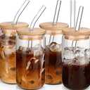 DWTS DANWEITESI Glass Cups with Lids and Straws 4 pcs,16oz Drinking Glasses Set for Coffee Bar Accessories Iced Coffee Cups with Lids,Glass Tumbler Reusable for Gifts (Blank Transparent Color)
