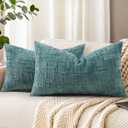 DecorUhome Summer Teal Chenille Throw Pillow Covers 12x20 Set of 2 Textured Soft Cozy Slubby Couch Pillow Covers Modern Farmhouse Boho Decorative Pillow Cases for Bed Sofa Living Room