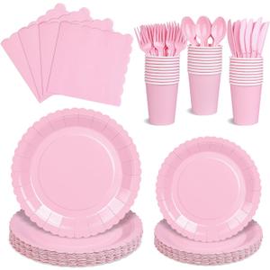175 PCS Pink Paper Plates and Napkins Set, Pink Party Supplies for 25 Guests Include Scalloped Plate Paper Napkins Cups Knife Fork Spoon for Baby Shower, Birthday, Wedding, Easter Party, Mother's Day