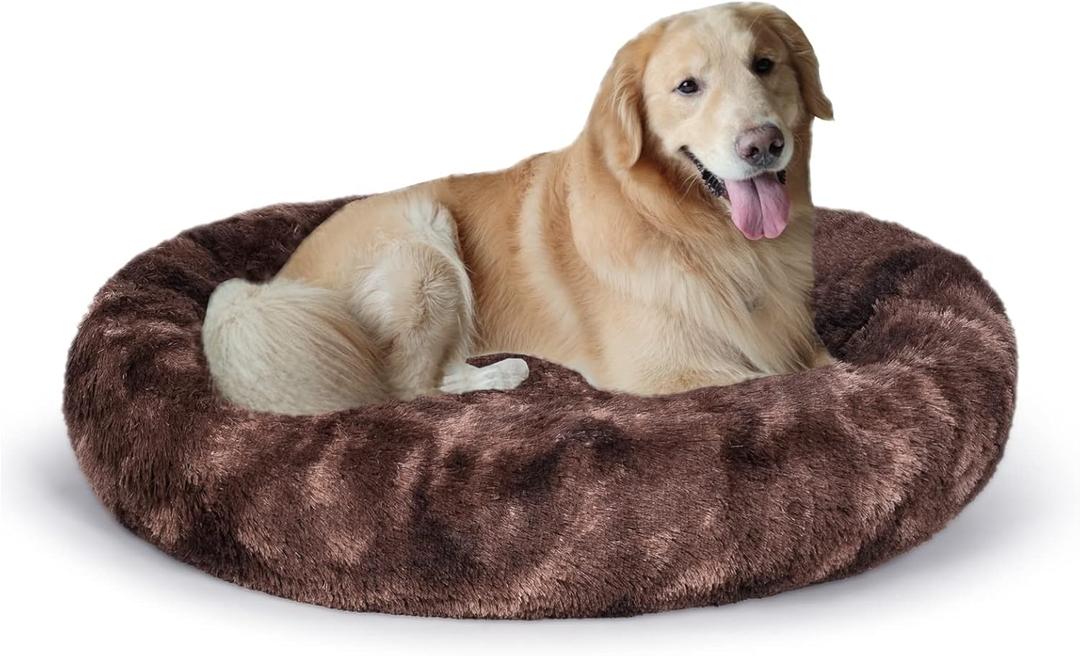 Oval Calming Donut Cuddler Dog Bed,Shag Faux Fur Cat Bed Washable Round Pillow Pet Bed(30"/36"/43") for Small Medium Dogs, XL(36"x27"x7"), Brown 2021