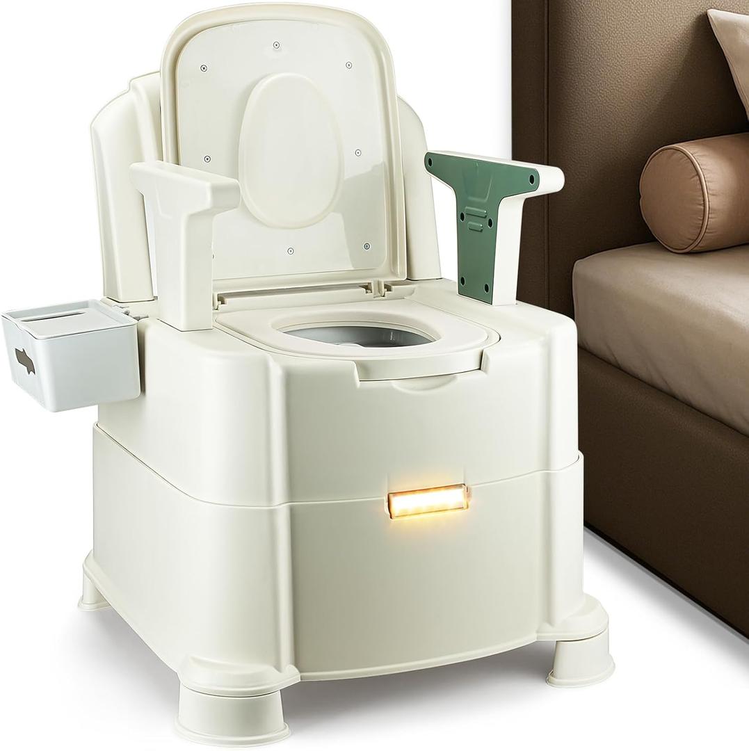 Bedside Commode, Upgraded Commode Toilet Potty Chair with 3 Rolls of Commode Liners, Automatic LED Light, Detachable Armrests, 2-Level Height, Heavy Duty 880lbs Loading (Green)