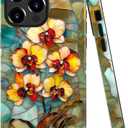 DAIZAG Case Compatible with iPhone 15 Pro Max,Glossy Durable Shock Protection Cover for Girl Women,Orchid Flower Stained Glass