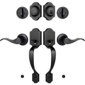 Double Front Door Handle Set with Dummy and Deadbolt, Entry Front Door Lock Set with Classic Half Grip Curved Door Handle for Exterior Doors or Office, Matte Black