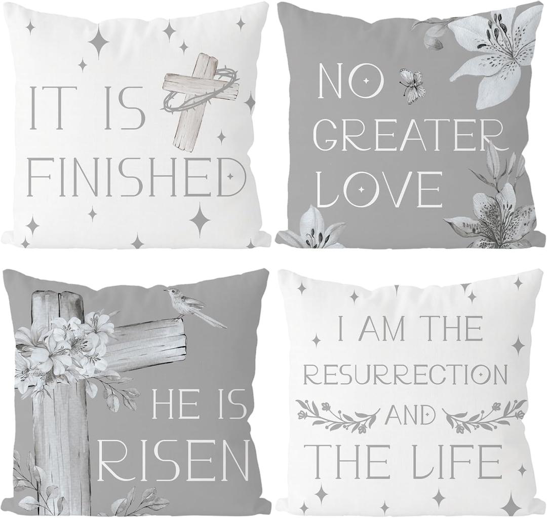 GAGEC Easter Pillow Covers 18x18 Inch Set of 4 It is Finished He is Risen Floral Cross Pillowcases Farmhouse Decorations for Sofa Couch Bedroom Living Room Cushion Case Decor