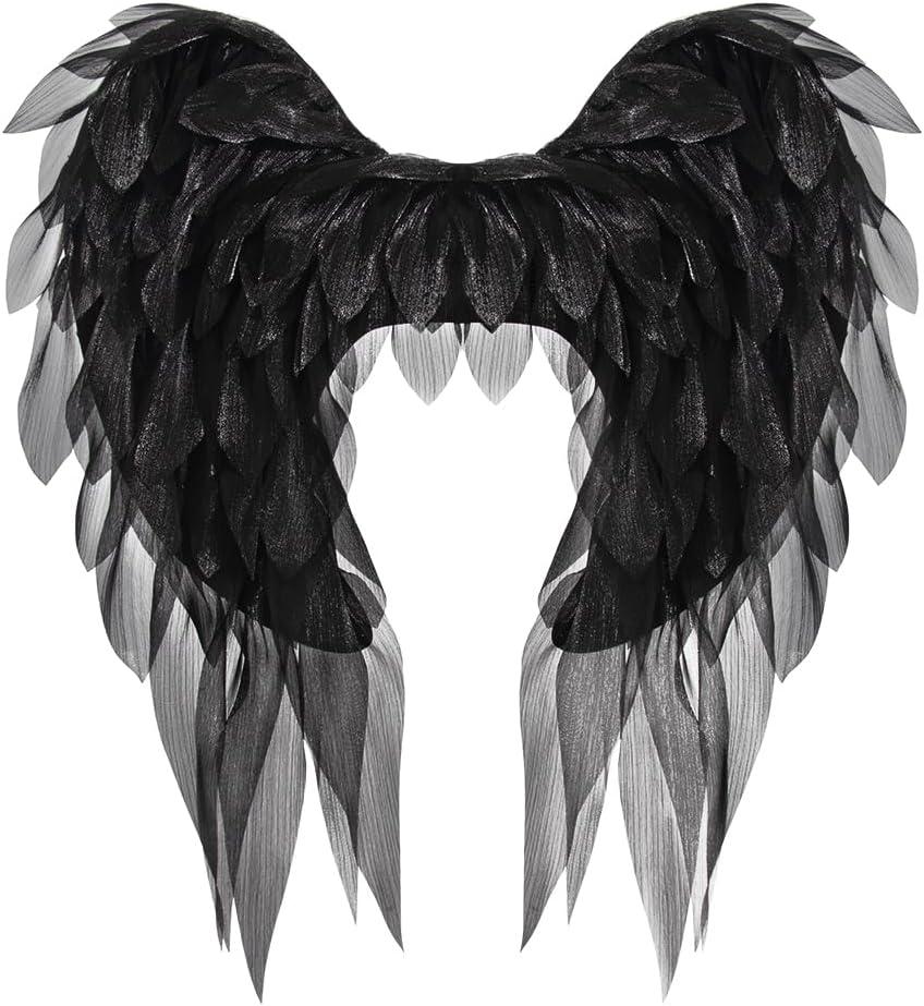 Anbaby Chiffon Angel Wings Costume Accessory Black or White Feathered Wings Halloween and Cosplay Props (Black)