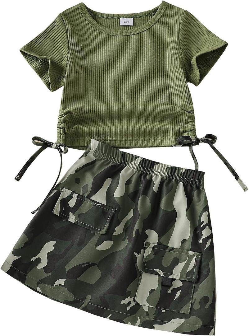 Girls' 2-Piece Skirt Set Round Neck Drawstring Double Cropped T-Shirts and Camouflage Skirt Outfits (6-7 Years, Green)