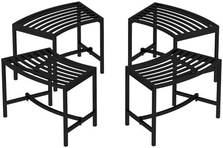 Timechee Metal Curved Fire Pit Bench Set of 4, Outdoor Fire Pit Seating, Steel Backless Outside Bench for Garden, Patio, Porch, Backyard, Plant Stand, Heavy Duty Plant Holder, Style 1, Black