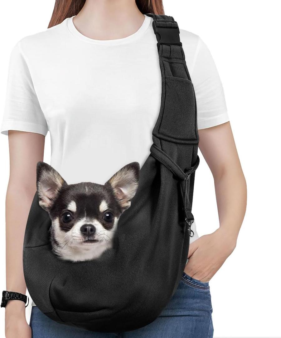 Pawaboo Small Dog Sling Carrier, Reversible Hands Free Dog Sling Carriers for Small Dogs and Cats, Puppy Slings Carrier with Adjustable Strap Buckle & Safety Harness, Puppy Essentials, Black