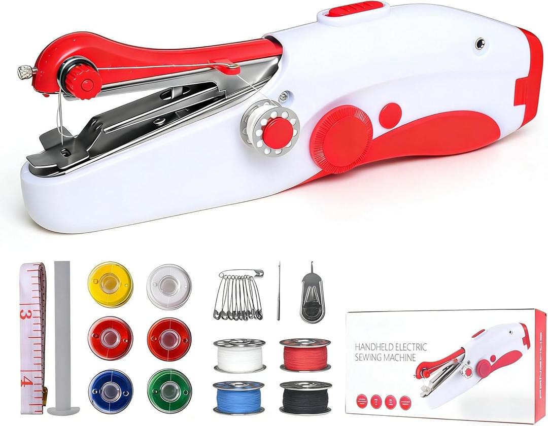 Portable Handheld Sewing Machine - Electric Mini Cordless Stitch Tool for Beginners & Adults | Quick Mending Repair Kit for Clothes, Fabric, Curtains, DIY Crafts | Travel & Home Use (Red)