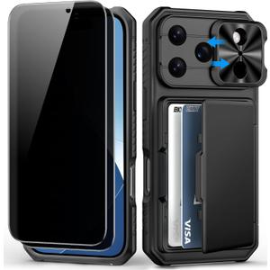for iPhone 17 Pro Case Wallet，2 Privacy Screen Protectors, Card Holder (4-5 Cards), Slide Camera Cover, Military Grade Drop Protection, Heavy Duty Men Women Phone Case for iPhone 17 Pro, Black