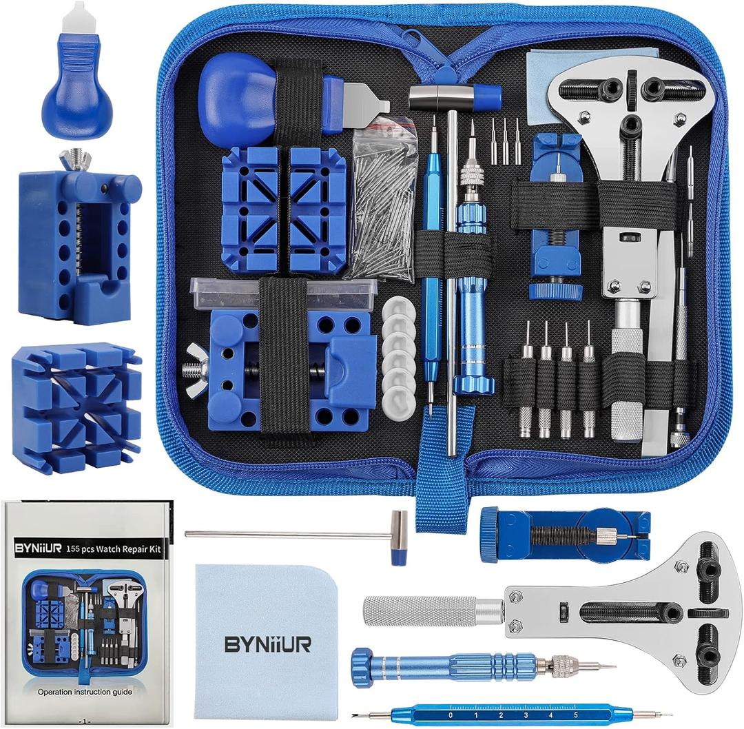 Watch Repair Kit, BYNIIUR Watch Battery Replacement Tool Kit, Watch Repair Tools & Kits, Watch Link Removal Tool Kit Watch Band Tool Set with Carrying Case, Watch Case Opener Spring Bar Tools (Blue)