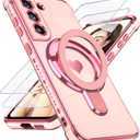 for Samsung Galaxy S21 Love Heart Kickstand Case with 2X Screen Protector: Luxury Plated Gold Edge Slim Soft TPU Shockproof Protection Case Cover for Galaxy S21 (Pink)