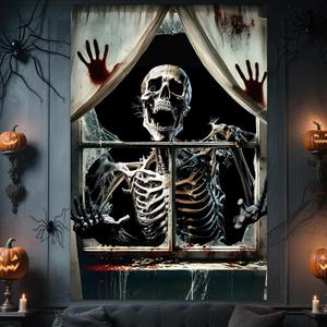 2 x Halloween Skeleton Scary Curtain Window Banner, Halloween Ghost Window Silhouette Door Cover Horror Poster Spooky Backdrop for Indoor Outdoor Wall Garage Living Room Party Decor Props