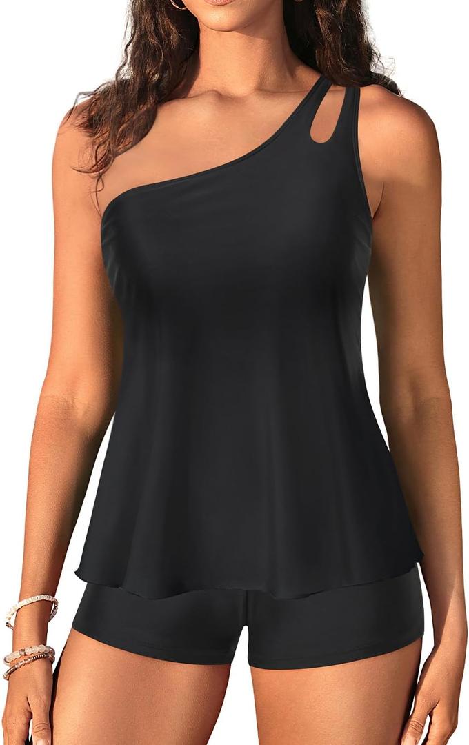 Women Tankini with Shorts - Two Piece Bathing Suits One Shoulder Tummy Control Swimsuit 2025 Flowy Swimwear (X-Large, Black)