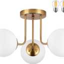 KoKo&Yukina 3-Light Semi Flush Mount Ceiling Light Globe Ceiling Light Mid Century Ceiling Light with Opal Milk Glass Globe & Brushed Brass for Bedroom Hallway Entryway Kitchen Living Room-Bulb Incl