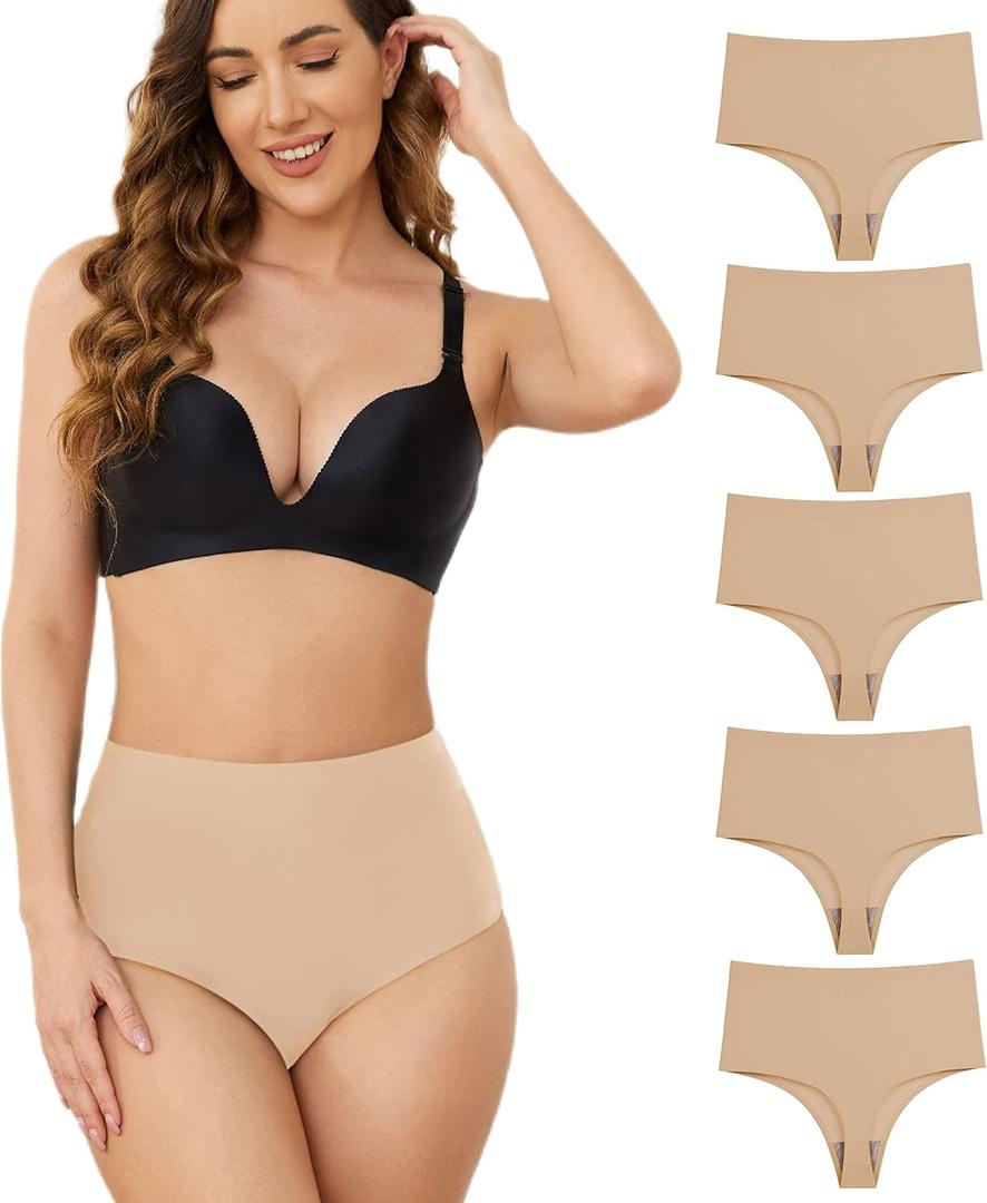 High Waisted Thong Underwear for Women Seamless High Rise Invisible Panties 5 Pack(S-XXL) (Beige, L)