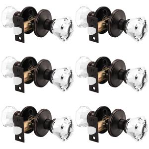 Orger Crystal Passage Door Knobs with Faceted Diamond Shape, Interior Non-Locking Door Hardware for Hallway/Closet, Classic Glass Door Handle with Oil Rubbed Bronze Rosette, 6 Pack
