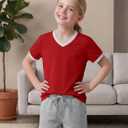 Poroka Girls Short Sleeve Shirt V-Neck Tee with Ribbed Trim Plain T-Shirts Soft Fashion Summer Tops for Girls, 7-14 Years (Red)