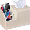 PU Leather Square Tissue Box Cover - Multi-Functional Tissue Box Holder, Tissue Box Cover with Storage ,Tissue and Remote Control Holder, Cube Tissue Box Organizer Bedroom Nightstand End Table (Beige)