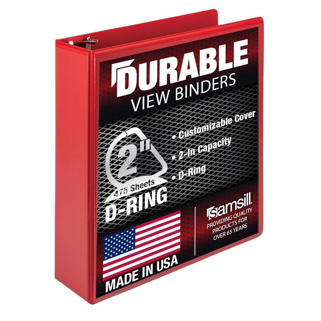 Samsill Durable 2 inch 3 Ring Binder, Made in USA, D Ring Binder, 100% Recycled Chipboard, Red