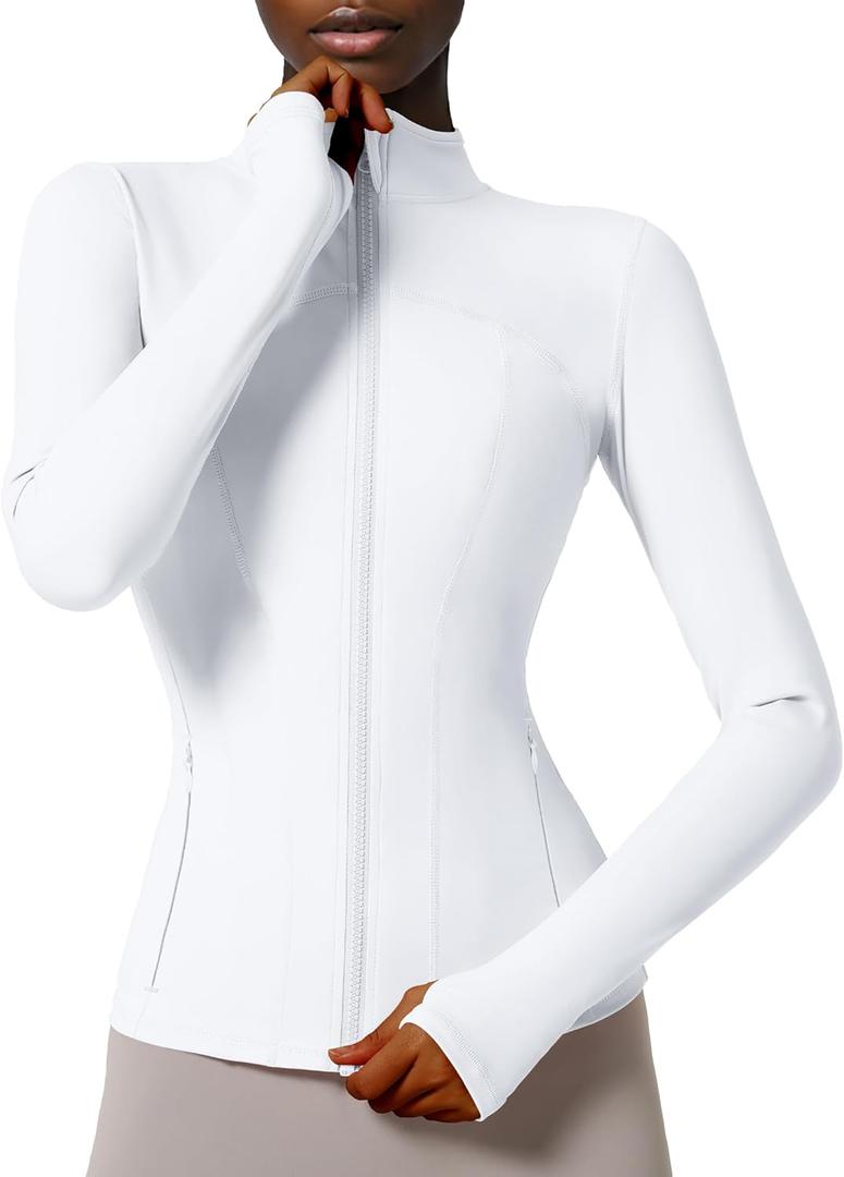 Locachy Women's Slim Fit Full Zip Athletic Running Sports Workout Jacket with Thumb Holes (Style 02 White)