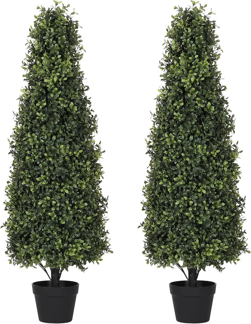 4ft Artificial Boxwood Topiary Trees (Set of 2) - UV Resistant Faux Plants Outdoor, Realistic 48in Fake Potted Bushes and Shrubs for Front Porch, Planter, Patio - Low Maintenance & Evergreen