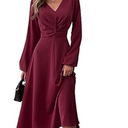 Twist Front Dresses for Women Lantern Sleeve V Neck Casual Cocktail Party Midi Dress Burgundy, S 