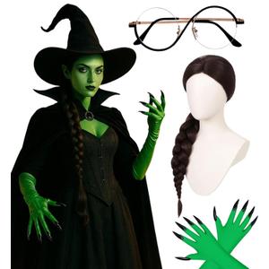 Swooflia Black Braid Wig for Women & Cosplay Accessories - Convenient Set Includes Adjustable Wig Cap, Gloves, Glasses, Cosplay Wig for Halloween, Costume, Party and Daily Use (Wig2-18)