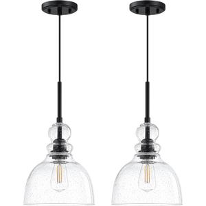 2 Pack 1 Light Hanging Kitchen Island Pendant Light 7.3" Clear Seeded Glass Indoor Pendant Ceiling Light Fixtures,Black Finish Modern Farmhouse Dinning Over Sink