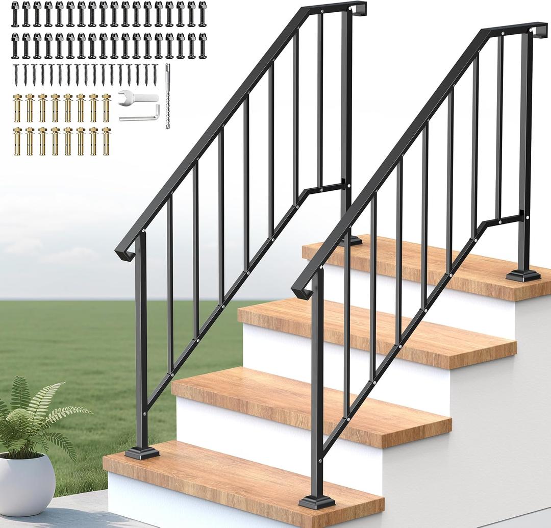 Outdoor Handrails for Steps, Stair Railing Kit for Concrete & Porch Steps, Adjustable Black Iron Hand Rail for Seniors, Easy Installation, Retro Arch Design (2 Pack-4 Steps)