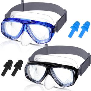 Flutesan 2 Pack Kids 6-14 Swim Goggles with Nose Cover Diving Mask Elastic Fabric Strap with Earplugs Swimming Goggle Waterproof Clear Snorkel Goggle