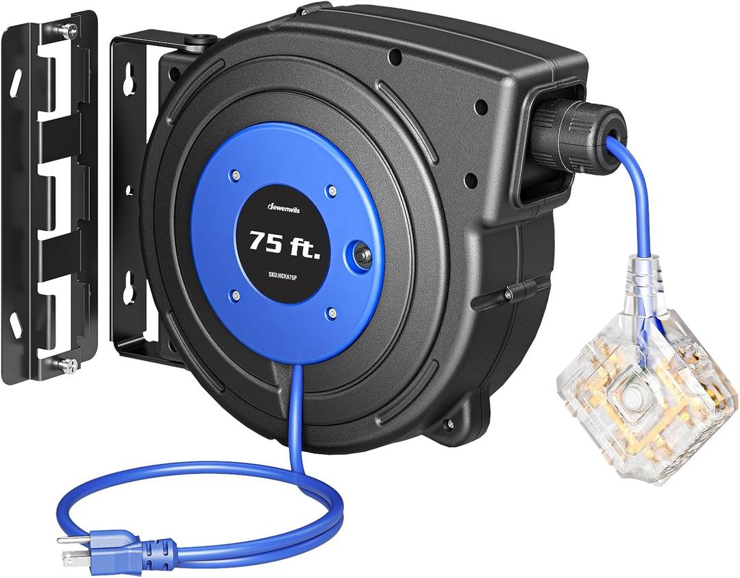 DEWENWILS Extension Cord Reel, 75FT Retractable Extension Cord Reel, Twist-lock Stopper, 14/3C SJTOW, 6 Grounded Outlets, 10A Circuit Breaker, Heavy Duty Power Cord, ETL Listed (Blue)