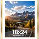 Wood 18x24 Picture Frame with 16x20 Mat Gold, Display 16x20 with Mat or 18x24 Without, Wood 18 by 24 Photo Frame, 18 x 24 Frame for Wall Hanging Display, Gold
