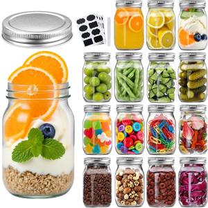 Accguan 16Pack 16oz Glass Mason Jars with Regular Airtight Lids, Clear Glass Jars Ideal for Canning, Pickling, Meal Prep, Jam, Honey, DIY Shower/Wedding Favors, Labels & Pen Included,Pint Canning Jars