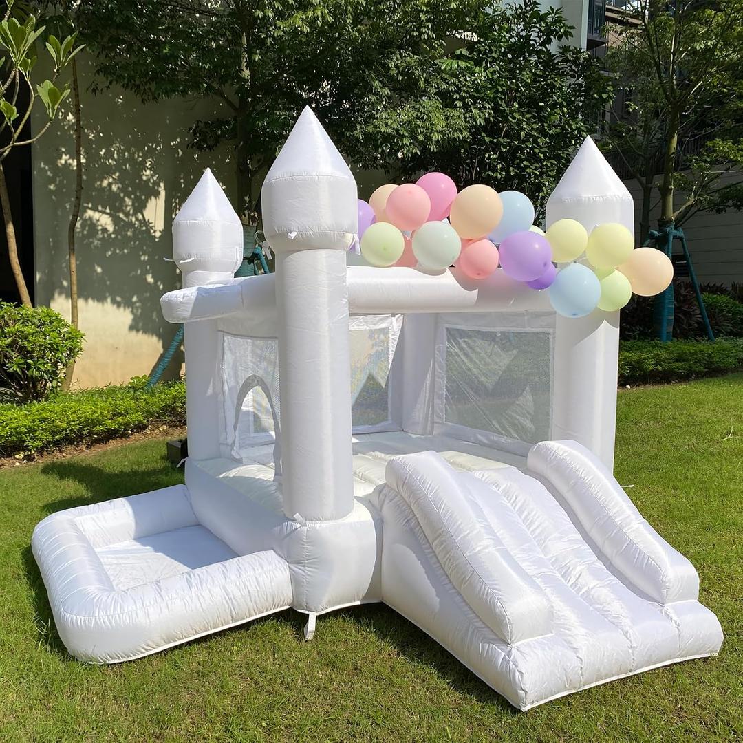 White Wedding Inflatable Bounce House with Blower Jump House with Slide for Kids Party Wedding Family Castle 9ftL, 9ftW, 7ftH