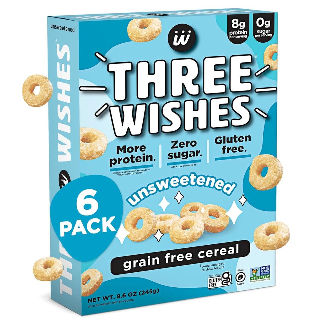 Three Wishes Grain-Free & Protein Cereal - Healthy, Sugar-Free & Gluten-Free Breakfast Cereal - Low Carb, Plant-Based, Vegan & Non-GMO - Unsweetened, 6-Pack